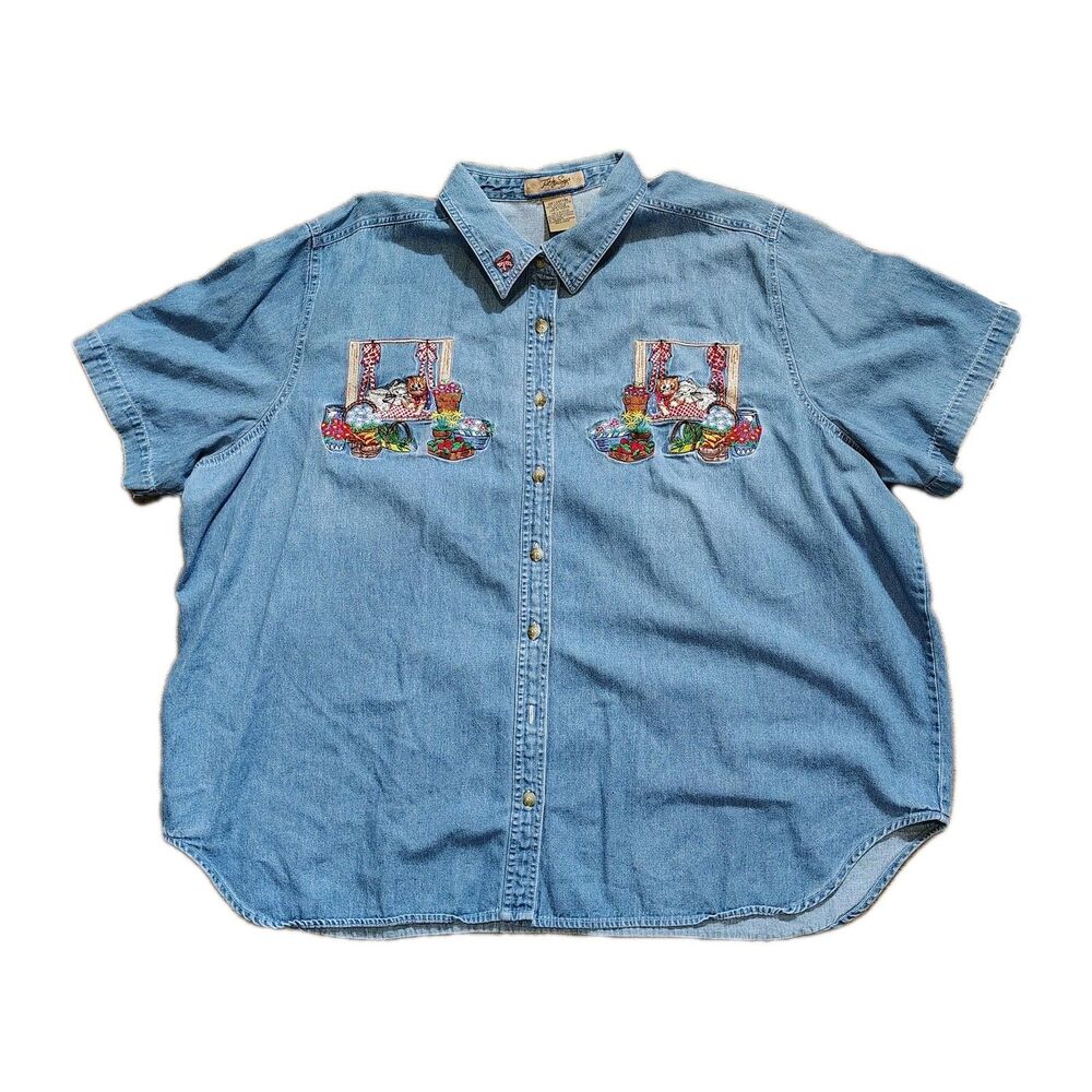 Just My Size Light Blue Denim Button-Down Shirt with Embroidered Fruit Pockets